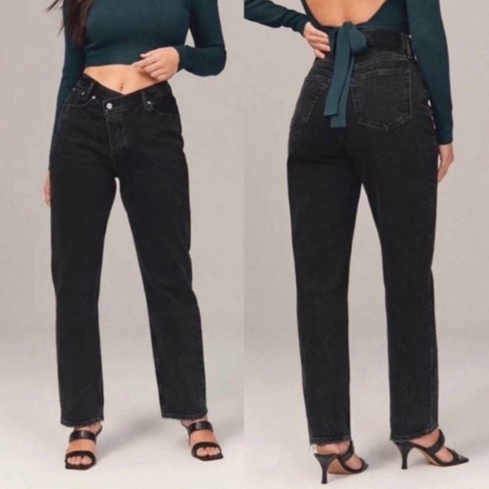 Abercrombie Fitch Dad High Rise Jeans Crossover V Waist Black Distressed 27 4 S